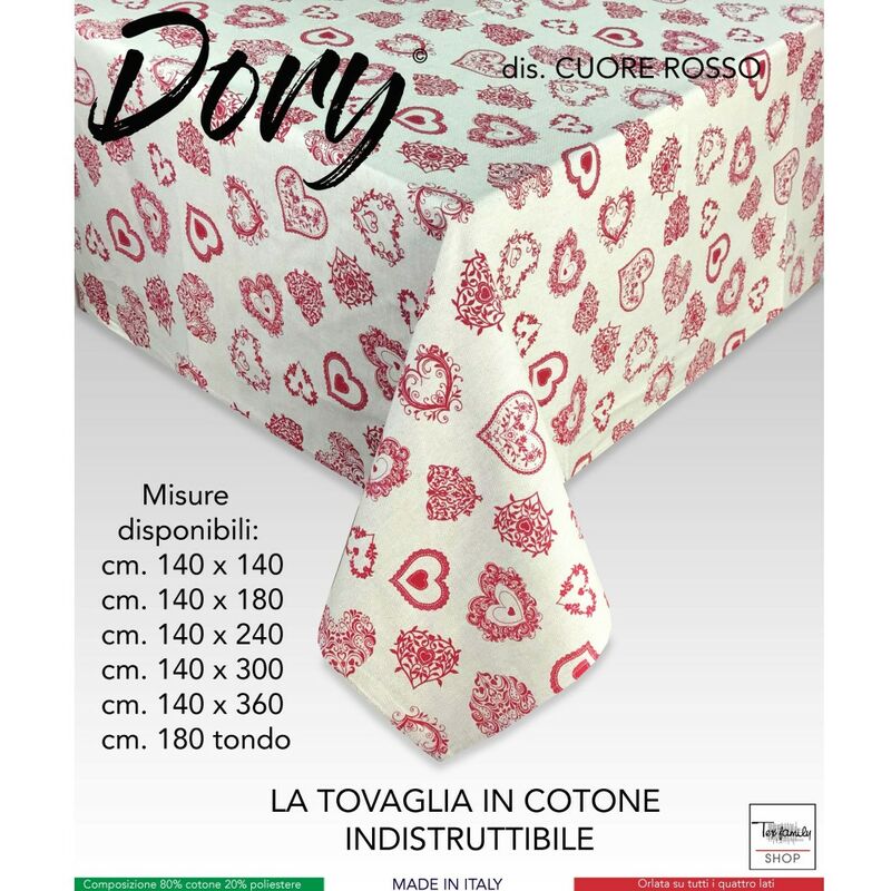 TOVAGLIA DORY tirolese CUORE ROSSO in cotone Cm. 140x140 x4 persone
