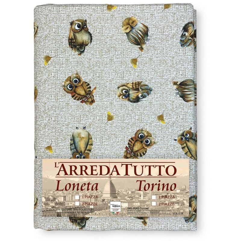 TELO ARREDO copritutto GRAN FOULARD COPRILETTO copridivano tessuto DIGITY  GUFI gufetti beige in puro cotone 1 PIAZZA