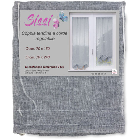 COPPIA tendina SISSI a VETRO MODERNA larga cm 70 Regolabile a Cordine GRIGIO COPPIA (2 TELI) CM. 70X150