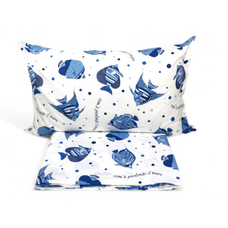Completo Letto Cotone “Com'è Profondo il Mare” - Lenzuola Estive con Pesci Blu - Design Marinaro Made in Italy 1 piazza e mezza