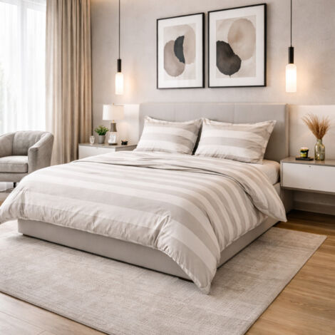 Copripiumino Rigato Francese Panna Tortora - 100% Cotone - Elegante, Made in Italy, Artigianale Cm. 200x200