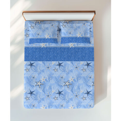 Completo Lenzuola Stelle Marine Blu – Motivo Coralli e Stelle – 100% Cotone – Made in Italy, Lavabile 1 PIAZZA