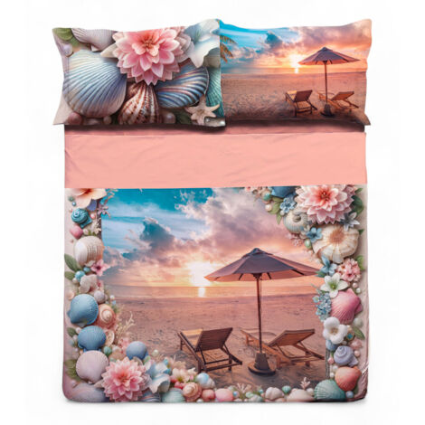 Completo letto matrimoniale ESTATE - Copriletto lenzuolo cotone 100% con stampa digitale - Federe double face, balza risvolto