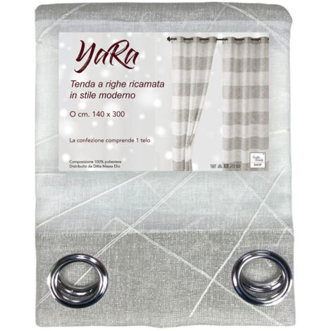 Tenda Yara Beige Ricamata - Pannello Moderno 140x300 cm Poliestere - Effetto Lino, Trasparente, Occhielli Metallo