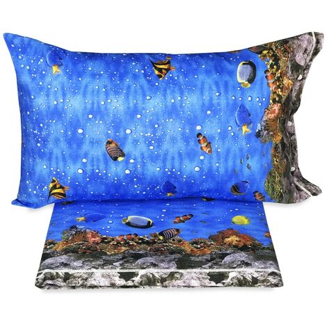 COMPLETO LENZUOLO LENZUOLA NATURA MARE BARRIERA CORALLINA in puro cotone 2 PIAZZE