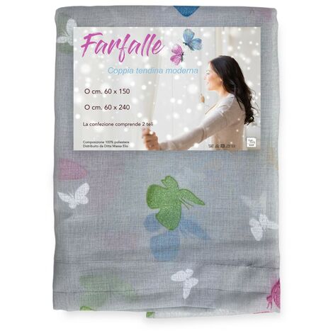Coppia TENDINA vetro FARFALLE Grigio larghe cm. 60 da Finestra e da Porta COPPIA (2 TELI) CM. 60X240