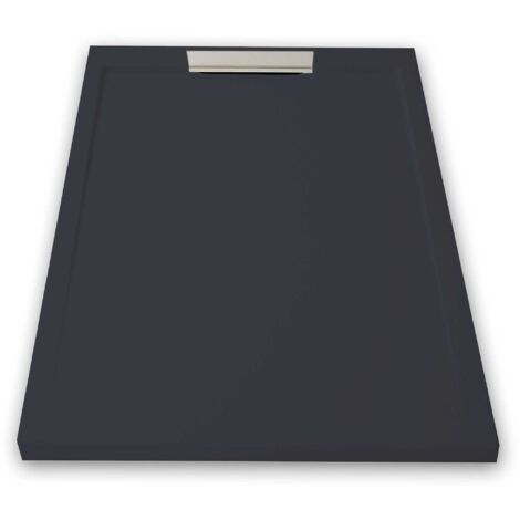Mineralguss-Duschwanne extra flach LUX Schieferoptik anthrazit 80x160cm Ablaufschutz in Chrom (1/5)