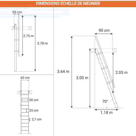 Echelle de meunier : 55cm de large - Couleur : Bois Naturel - 1 rampe - MSP/BN
