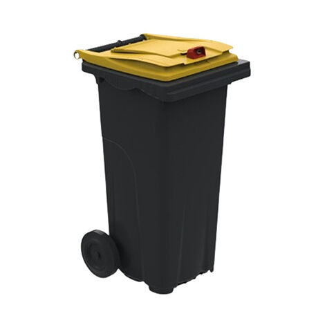 Rayonnage Direct – Conteneur poubelle 120 litres pour tri sélectif – Polyéthylène haute densité – Roues Ø 200 mm – Couvercle jaune avec serrure – 210039E