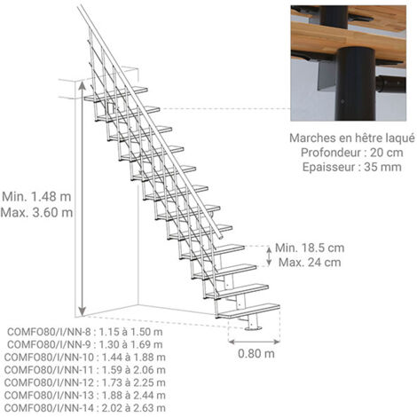 Escalier droit 10 marches - Hauteur à franchir 1.85 à 2.40m - Largeur 80cm - Structure noire et marche noyer - COMFO80/I/NN-10