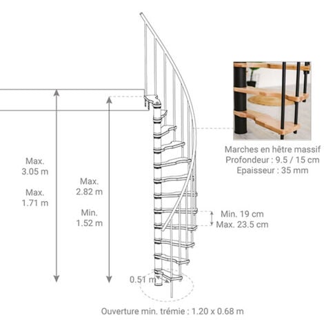 Escalier colimaçon 10 marches - Hauteur à franchir 2.09 à 2.59m - Structure noire et marche hêtre - Diamètre 120cm - SUON120/NH-10