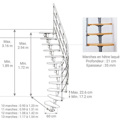 Escalier droit gain de place 12 marches - Hauteur à franchir 2.23 à 2.94m - Largeur 65cm - Structure grise et marche hêtre - NIZZA60/I/GH-12