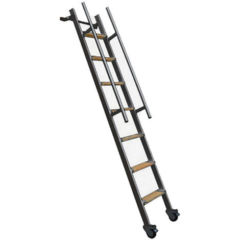 Matisère – Echelle rabattable acier 2,25m – Marches en bois de hêtre 14cm – 2 roues à freins – Plaque de fixation – SSPXL239NSR (1/5)