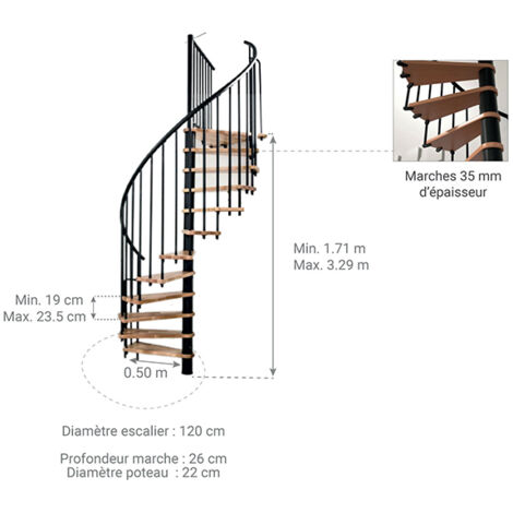 Escalier colimaçon 11 marches - Hauteur à franchir 2.09 à 2.59m - Diamètre 120cm - Blanc et hêtre - BERL120-BH-11