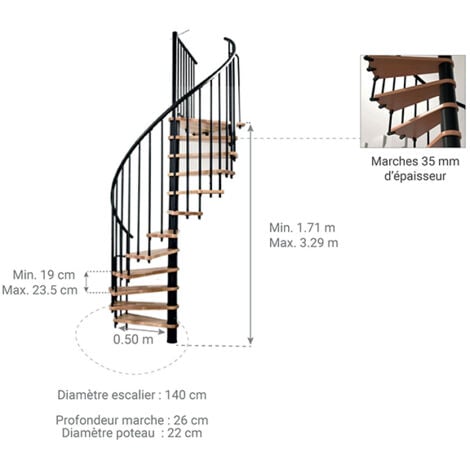 Escalier colimaçon 11 marches - Hauteur à franchir 2.09 à 2.59m - Diamètre 140cm - Blanc et hêtre - BERL140-BH-11