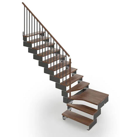Escalier quart tournant 10 marches - Hauteur à franchir de 1.93 à 2.42m - Largeur 75 cm - Noyer et anthracite - Rampe verticale - COMPO75/L/NA-RV-10