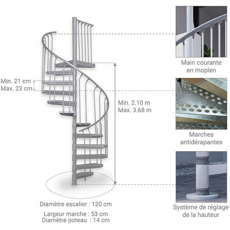 Escalier colimaçon extérieur 12 marches - Hauteur à franchir de 2.52 à 2.76m - Diamètre 1.20m - Couleur zinc - EXTERIOR120/Z-12