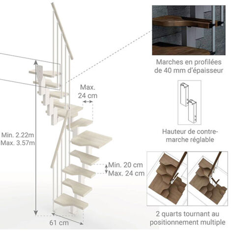 Escalier 2 quart tournant gain de place 9 marches - Hauteur à franchir de 2.01 à 2.37m - Largeur 61cm - Couleur bois et blanc - MINI61/U/SBMBLA-9