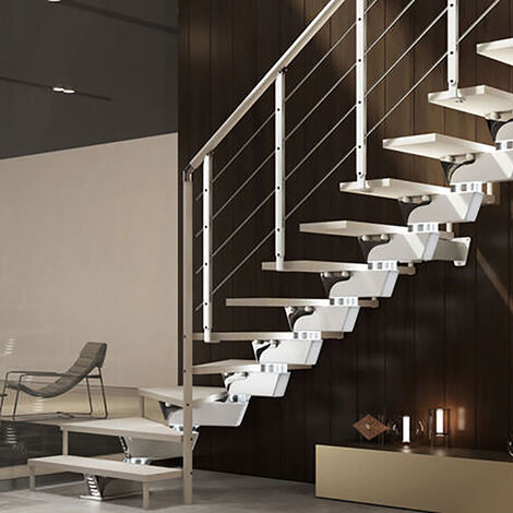 Escalier quart tournant 10 marches - Hauteur à franchir de 2.04 à 2.44m - Largeur 75cm - Limon central - Bois et blanc - KNOCK75/L/BB-RH-10