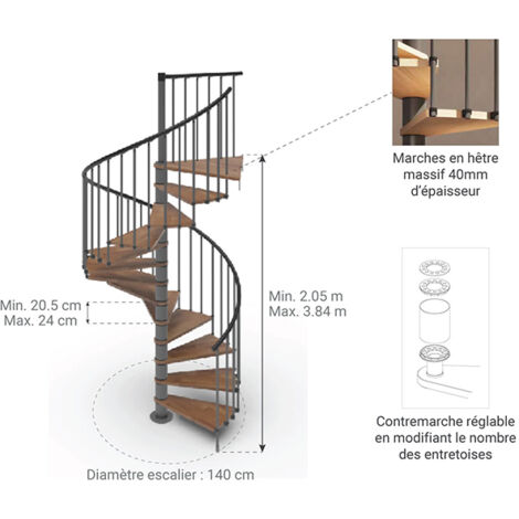 Escalier colimaçon 13 marches - Hauteur à franchir 2.67 à 3.12m - Ø140cm - Structure anthracite et marches noyer - Trémie ronde - PHOLA140/SAMNOY-13