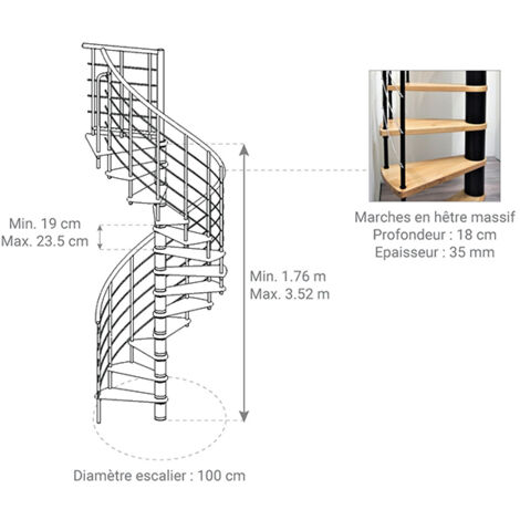 Escalier gain de place 9 marches - Ø 100cm - Hauteur à franchir 1.76 à 2.12m - Noir et hêtre - VENE100/NH-9