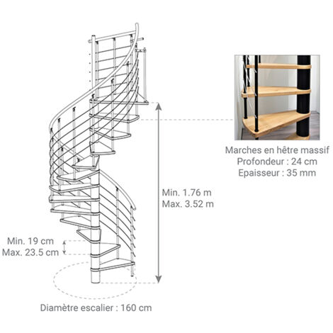 Escalier colimaçon 12 marches - Ø 160cm - Hauteur à franchir 2.34 à 2.82m - Noir et hêtre - VENE160/NH-12