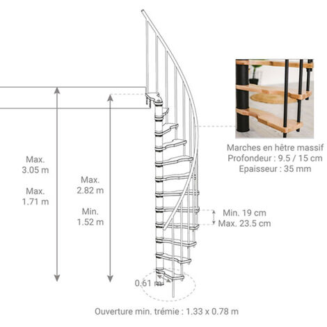 Escalier colimaçon 9 marches - Hauteur à franchir 1.90 à 2.35m - Structure noire et marche hêtre - Diamètre 140cm - SUON140/NH-9