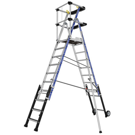 Tubesca Comabi – Plateforme échafaudage télescopique 8-10 marches – Hauteur d'accès 4,23 m – Charge maximale 150 kg – Garde-corps rigide et stabilisateurs réglables