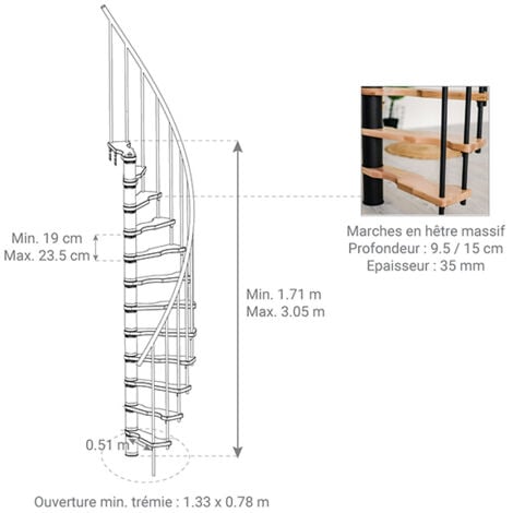 Escalier colimaçon 11 marches - Hauteur à franchir 2.28 à 2.82m - Noir et hêtre - Diamètre 140cm - SUON140/NH-11