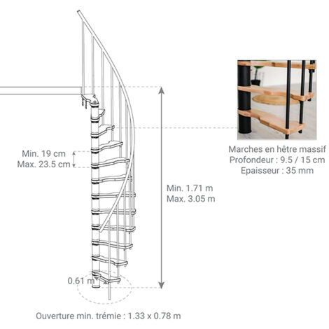 Escalier colimaçon 9 marches - Hauteur à franchir 1.90 à 2.35m - Structure blanche et marche hêtre - Diamètre 140cm - SUON140/BH-9