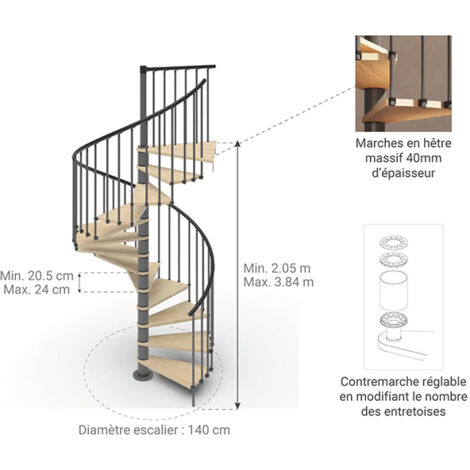 Escalier colimaçon 12 marches - Hauteur à franchir 2.46 à 2.88m - Ø140cm - Structure anthracite et marches naturel- Trémie ronde - PHOLA140/SAMNAT-12