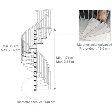 Escalier colimaçon extérieur 10 marches - Hauteur à franchir 1,90 à 2,35m - Diamètre 1.40m - RONDOZINK140-S-10