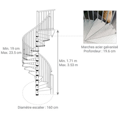 Escalier colimaçon extérieur 14 marches - Hauteur à franchir 2,66 à 3,29m - Diamètre 1.60m - RONDOZINK160-S-14