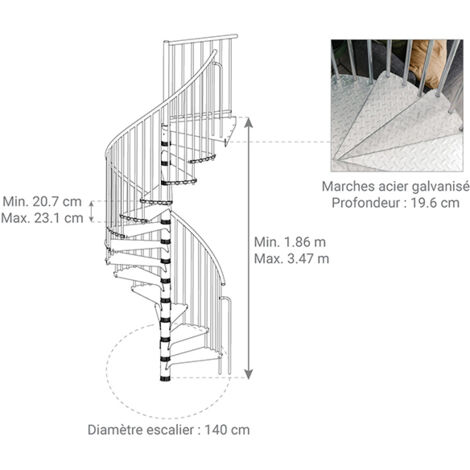 Escalier colimaçon extérieur 14 marches - Hauteur à franchir 2,90 à 3,23m - Diamètre 1,40m - RONDOZINK140-P-14