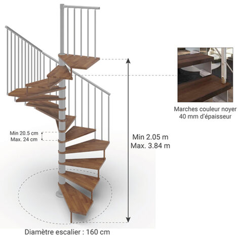 Escalier colimaçon 13 marches - Hauteur à franchir 2.67m à 3.12m - Ø 160cm - Trémie carrée - Structure grise et marches Noyer - TEKLA160/SGMNOY-13
