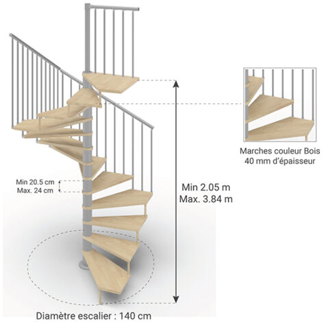 Escalier colimaçon 13 marches - Hauteur à franchir 2.67m à 3.12m - Ø 140cm - Trémie carrée - Structure grise et marches naturel - TEKLA140/SGMNAT-13