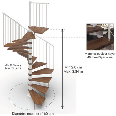 Escalier colimaçon 13 marches - Hauteur à franchir 2.67m à 3.12m - Ø 160cm - Trémie carrée - Structure blanche et marches Noyer - TEKLA160/SBMNOY-13