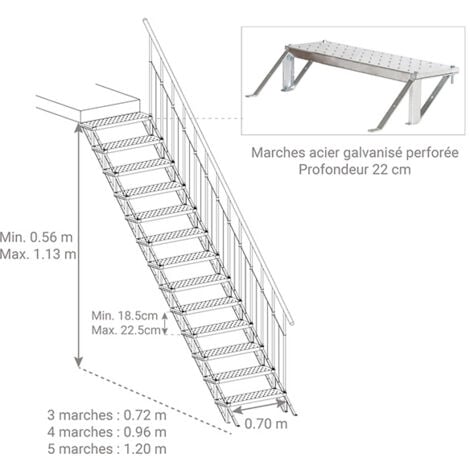 Escalier droit extérieur 3 marches - Hauteur à franchir 0,56 à 0,68m - Structure grise et marche grise - SUNSTEP-3