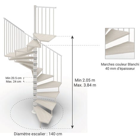 Escalier colimaçon 13 marches - Hauteur à franchir 2.67 à 3.12m - Ø140cm - Trémie carrée - Structure blanche et marches blanchi - TEKLA140/SBMBLA-13