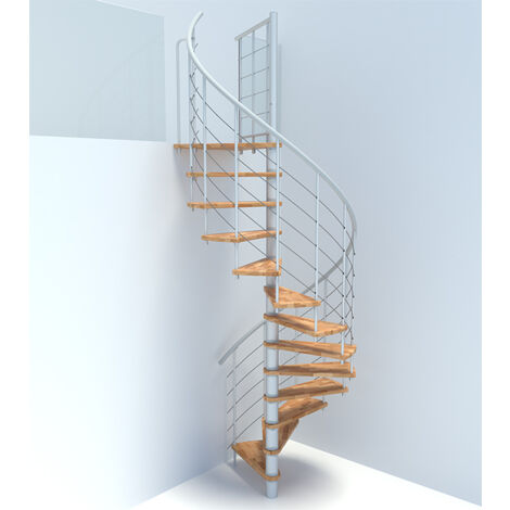 Escalier colimaçon 15 marches - Hauteur à franchir 3.04 à 3.52m - Structure blanche et marche hêtre - Diamètre 100cm - VENE100/BH-15