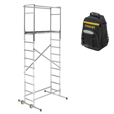 Hailo – Échafaudage roulant en aluminium 4.5m – Garde-corps 85cm – Barres stabilisatrices 1.10m – Sac à dos de chantier inclus – 9475901SAC