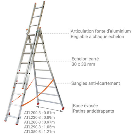 Echelle transformable 3x12 barreaux - Longueur déployée 7,90m - Sol plat ou escalier - ATL350-3