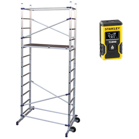 Matisère – Échafaudage domestique 4.36m – Plateau antidérapant en alu/bois – Barres stabilisatrices coulissantes – Télémètre laser inclus