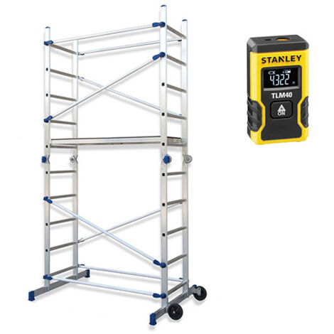 Matisère – Échafaudage pliable 3.78m avec télémètre laser – Plateau antidérapant 1.30x0.46m – Roues Ø 150mm pour déplacement facile – FACPNLASER