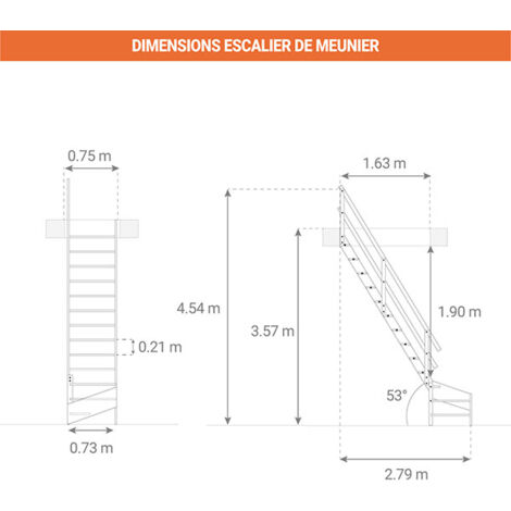 Escalier de meunier 16 marches - Quart tournant à droite avec double main-courante - Hauteur à franchir 3,57m max - MSS-MSW-R/2MC