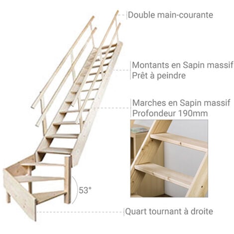 Escalier de meunier 16 marches - Quart tournant à droite avec double main-courante - Hauteur à franchir 3,57m max - MSS-MSW-R/2MC