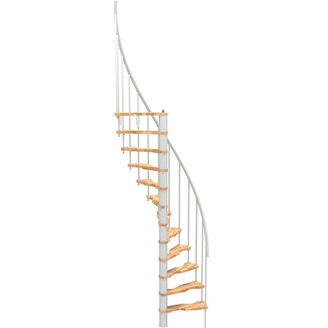 Matisère – Escalier en colimaçon 12 marches – Hauteur 2.47 à 3.05m – Structure blanche – Marches en hêtre verni – Diamètre 120cm - SUON120
