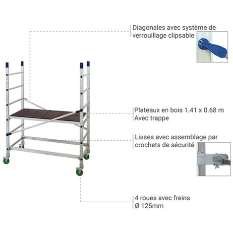 Echafaudage roulant alu - Hauteur de travail maximale de 3.00m. - AL205