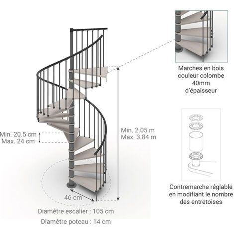 Samcol Escalier colimaçon 10 marches - Hauteur à franchir de 2.05 à 2.40m - Ø ...