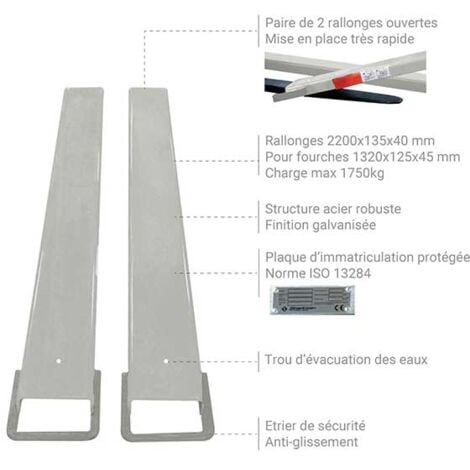 Rallonge de fourches ouvertes pour chariot élévateur - Dimensions : 2200x125mm - EXOG22/125